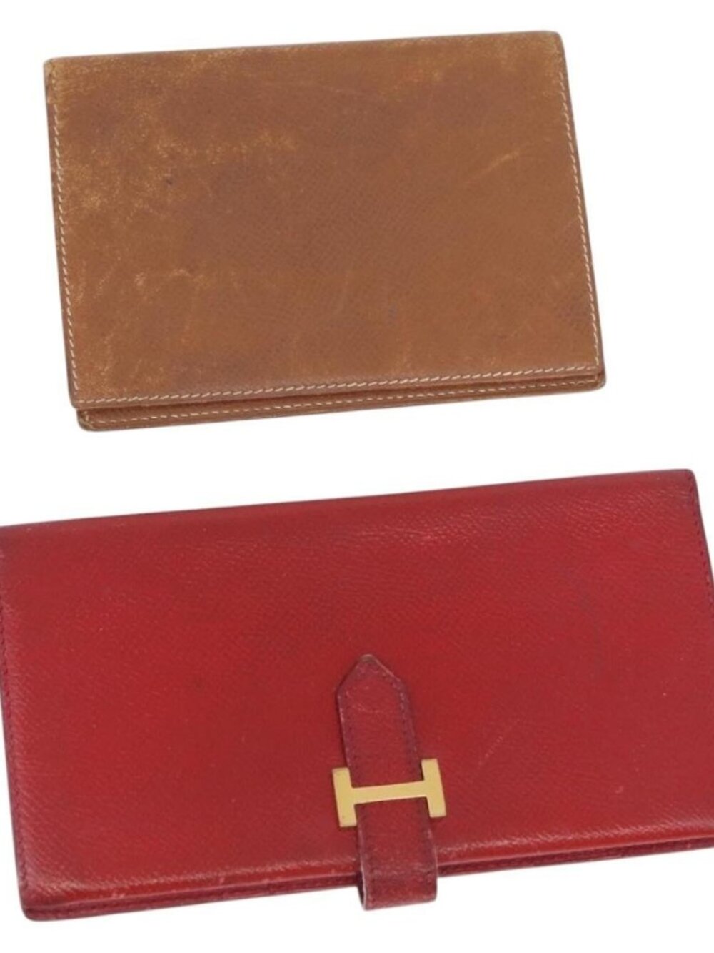 HERMES Wallet Leather 2 Set Brown Red Auth bs33891